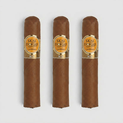 Three brown cigars with gold and orange labels reading 'QUAI D'OR SAY HABANA' arranged vertically on a light gray background.