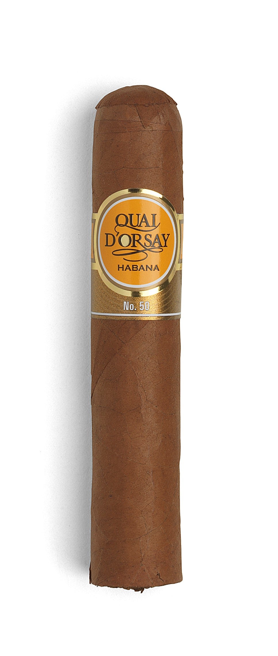 A single brown cigar with a gold and white label reading 'Quai D'Orsay Habana No. 30' on a white background.