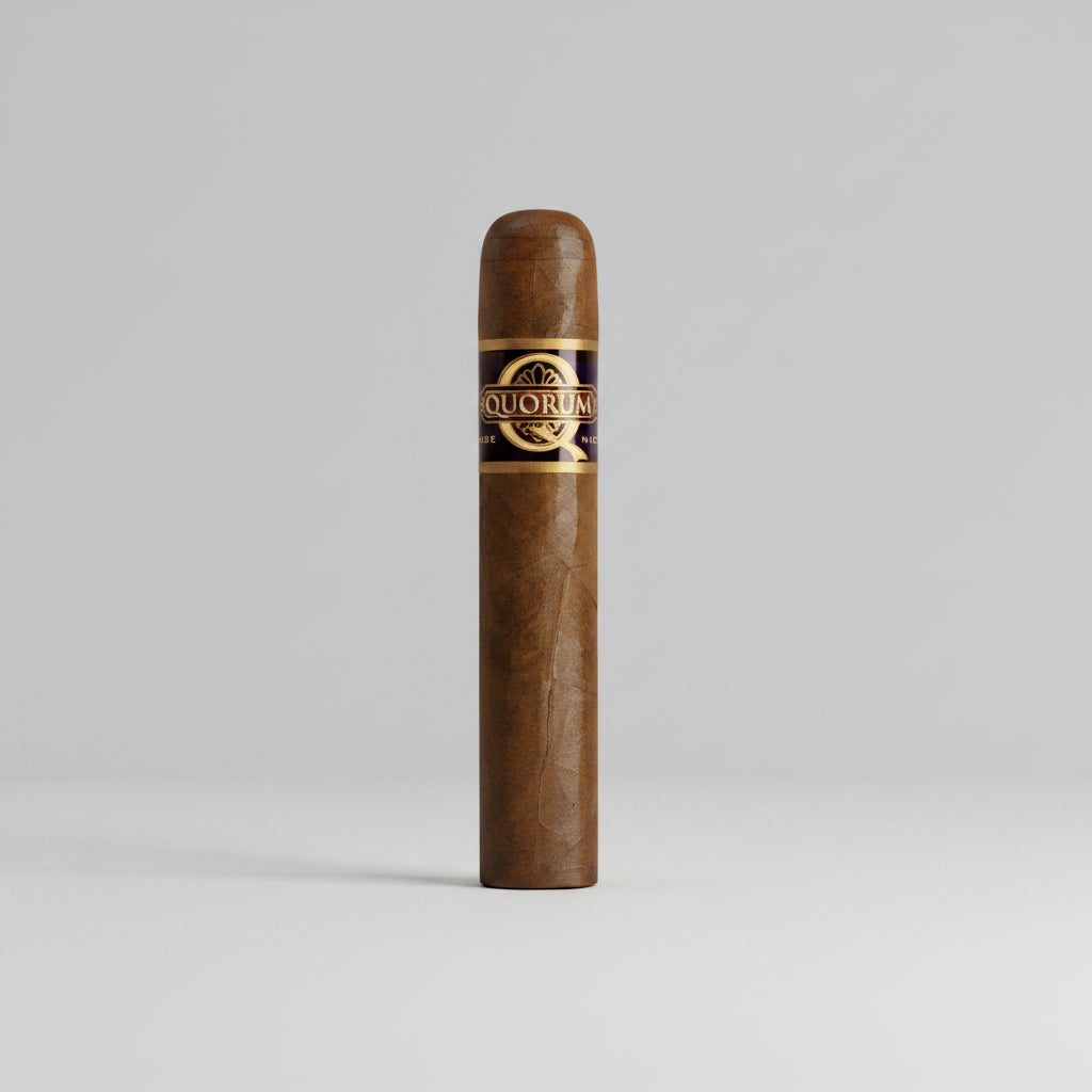 A single brown cigar standing upright on a light gray background, featuring a dark band with gold lettering that reads 'Cigar Quorum'.
