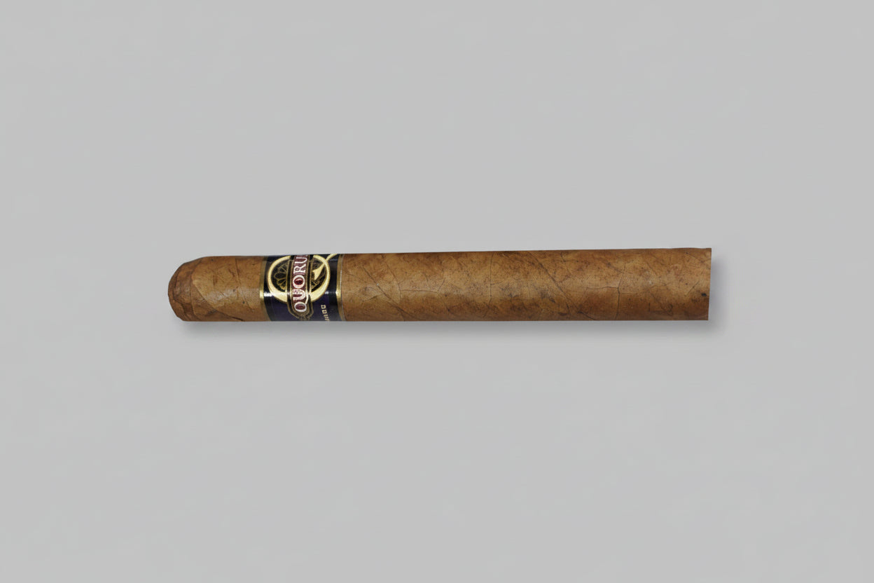 Cigar with a visible brand label on a gray background