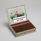 An open box of cigars on a light gray background, with the lid displaying a vintage-style illustration and a prominent white warning label that reads 'Smoking damages your lungs.' The cigars inside are dark brown with red bands, and the box is branded Quintero y Hnos.