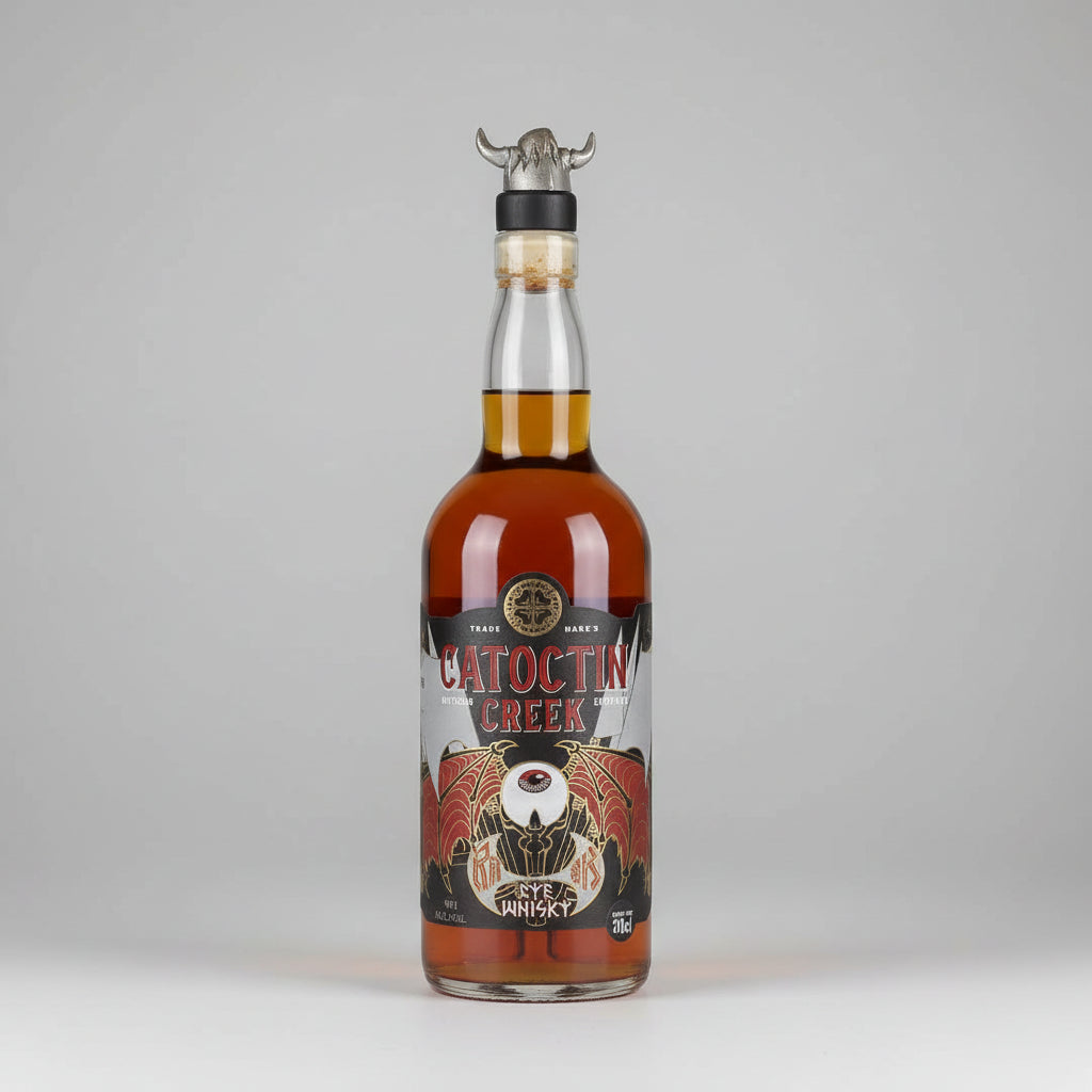 A bottle of Catocin Creek ragnok Whiskey with amber liquid, a black and red label, and a metal horn stopper on a white background.