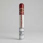 A single Romeo y Julliette Churchill cigar in its original packaging, standing upright against a neutral light gray background. The packaging features a deep red cap, a white body with vertical branding, and a prominent health warning label at the bottom.