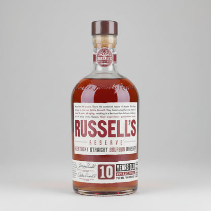Bottle of Russell's Reserve 10 Year Old Kentucky Straight Bourbon Whiskey on a white background