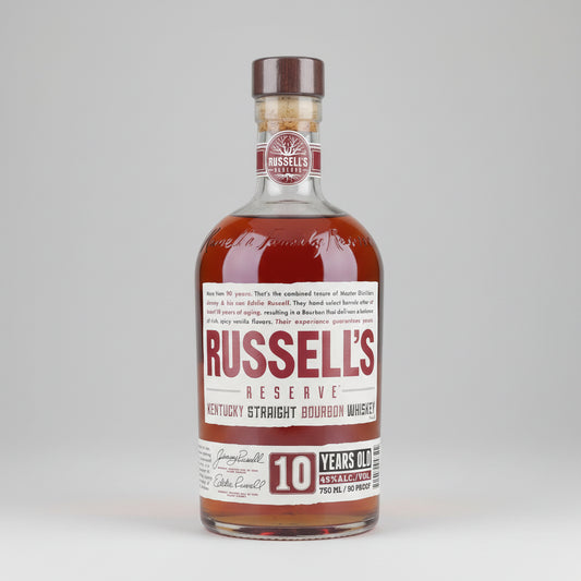 Bottle of Russell's Reserve 10 Year Old Kentucky Straight Bourbon Whiskey on a white background