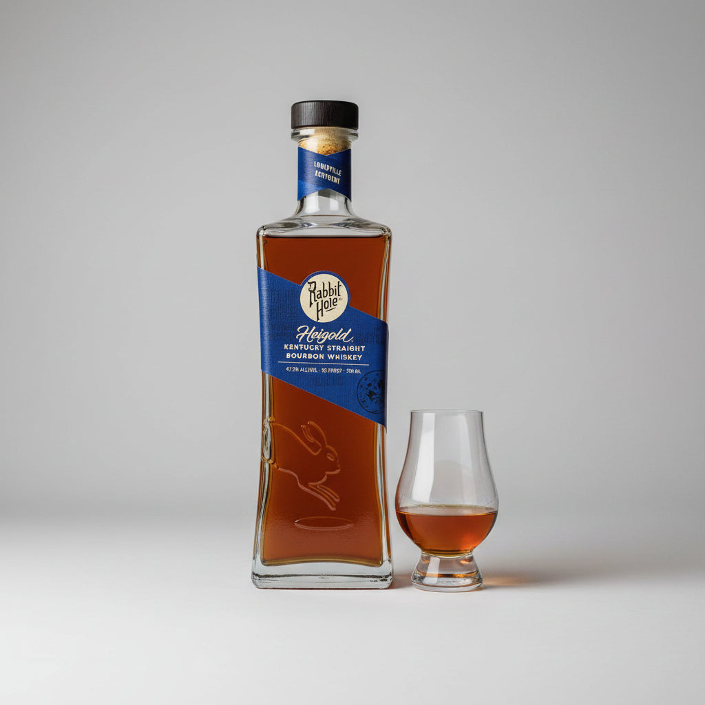A bottle of Rabbit Hole Whiskey Kentucky Straight Bourbon Whiskey stands on a stone surface outdoors, with a small glass of the whiskey beside it and blurred greenery in the background.