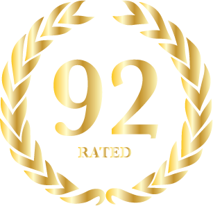 Gold rating emblem with the number 92 and 'RATED' text on a white background