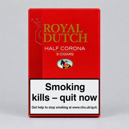 A red rectangular box of Royal Dutch Half Corona 5 Cigars on a light gray background. The box features gold lettering, a small circular logo, and a prominent white warning label at the bottom that reads 'Smoking kills - quit now'.