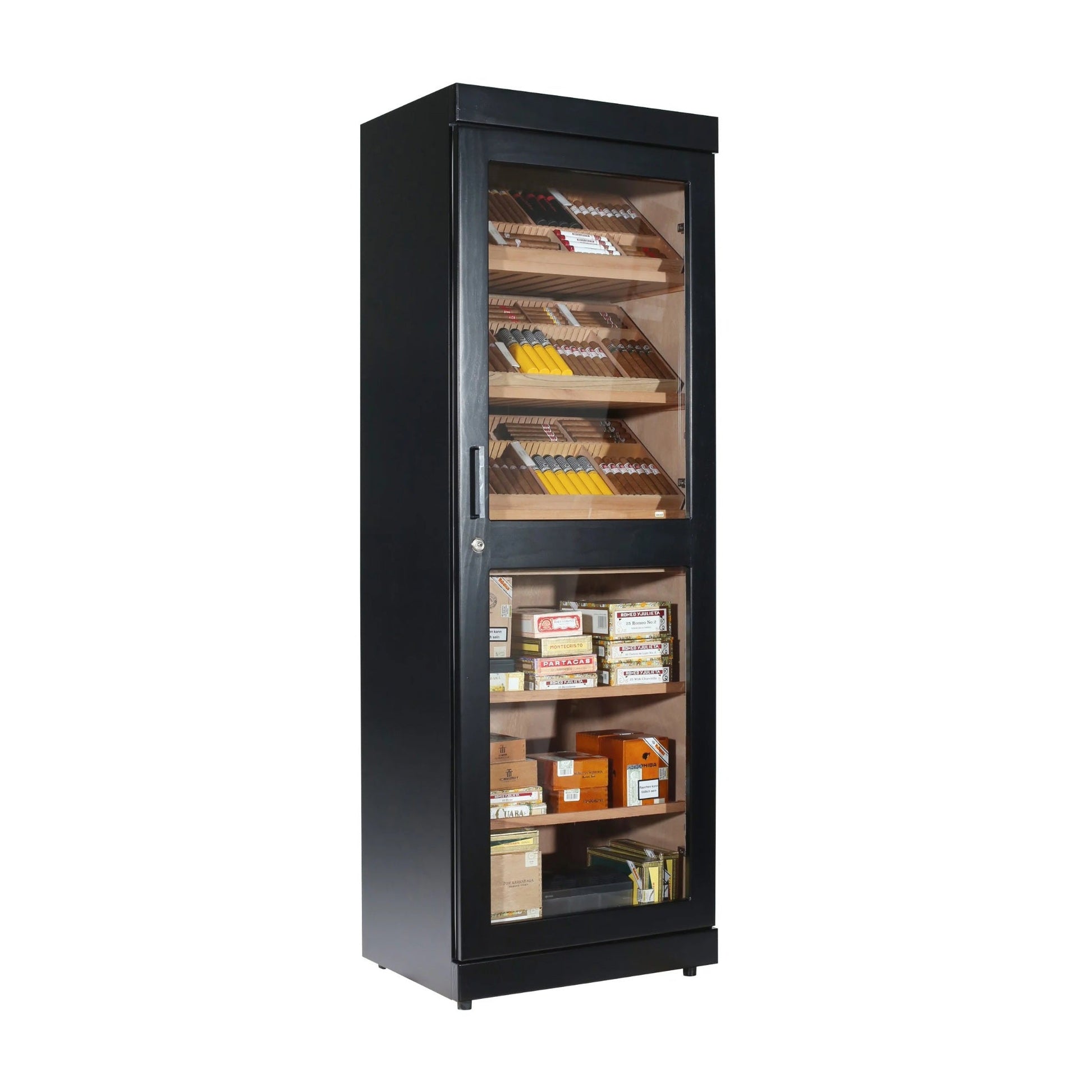Black cigar humidor with glass door displaying various cigars on a white background