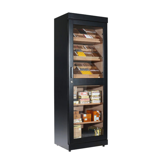 Black cigar humidor with glass door displaying various cigars on a white background