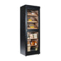 Black cigar humidor with glass door displaying various cigars on a white background