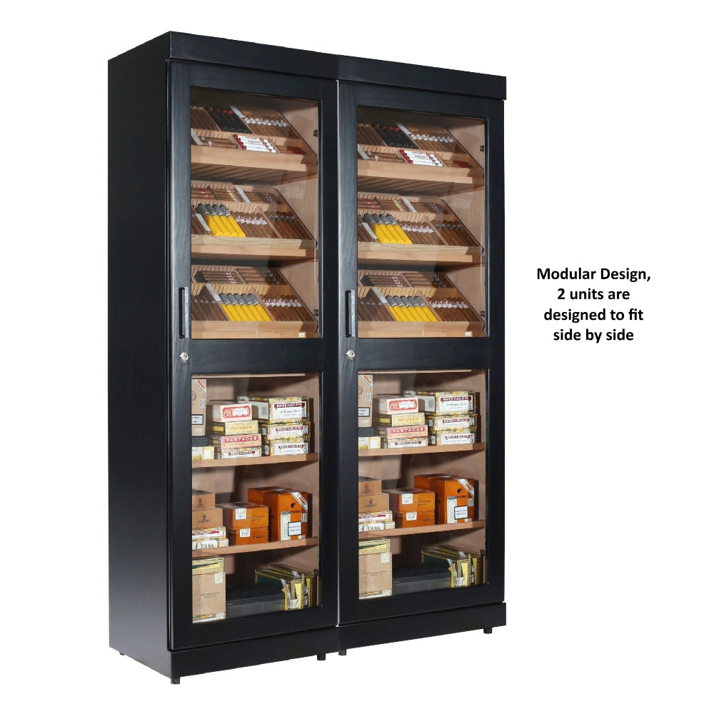Cigar humidor with glass doors displaying various cigars on a white background