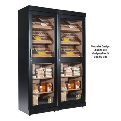 Cigar humidor with glass doors displaying various cigars on a white background