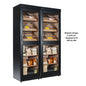 Cigar humidor with glass doors displaying various cigars on a white background