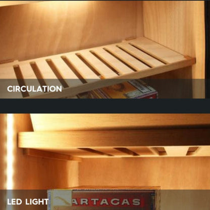 Wooden shelf with a cigar box inside, labeled 'Circulation' and 'LED Light', with a brand name visible.