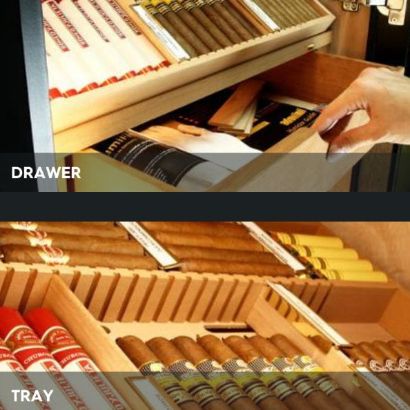 Cigar humidor with open drawer and tray displaying cigars.
