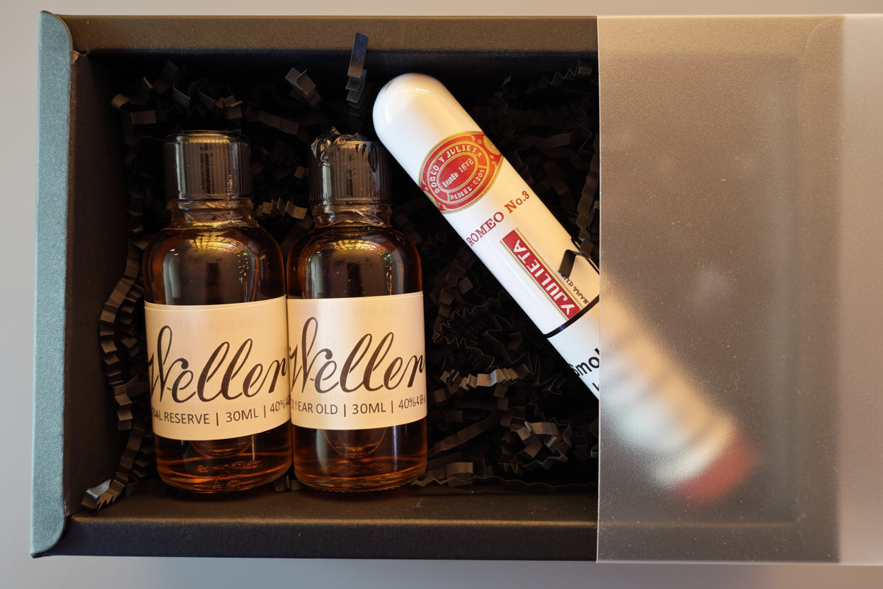 Two small 30ml sample bottles of Weller 12 and Weller Special Reserve with labels and a cylindrical Romeo y Juliette cigar container in a gift box.