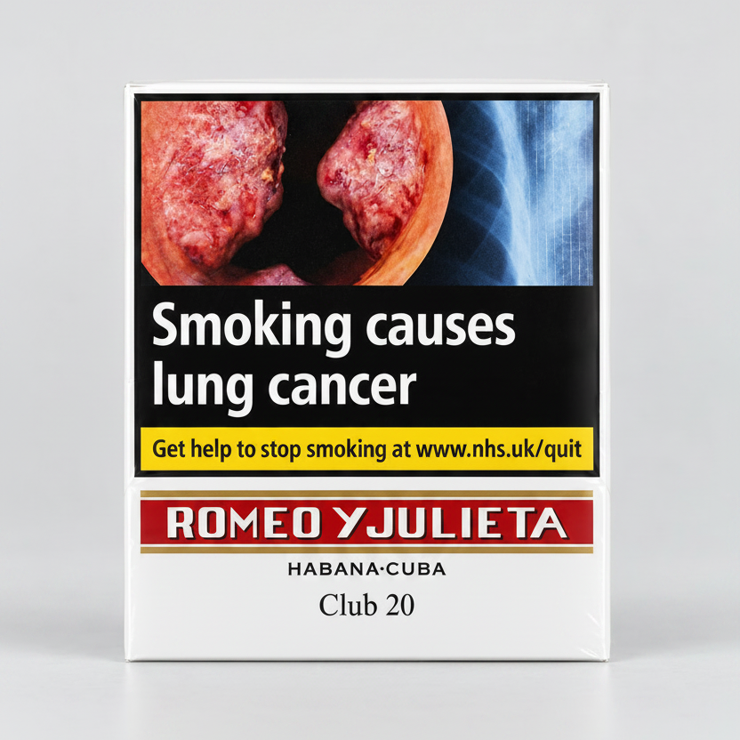 A pack of Romeo Y Julieta Habana-Cuba Club 20 CIGARILLO shown on a light gray background. The pack features a prominent health warning label with images of lung cancer and the text 'Smoking causes lung cancer', alongside a yellow banner and the brand name in red and white.