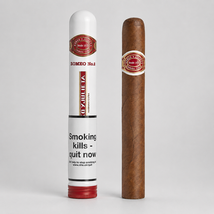 A single brown cigar stands upright next to its white and red branded wrapper tube on a light gray studio background. The wrapper label on both the cigar and tube reads Don Julio.