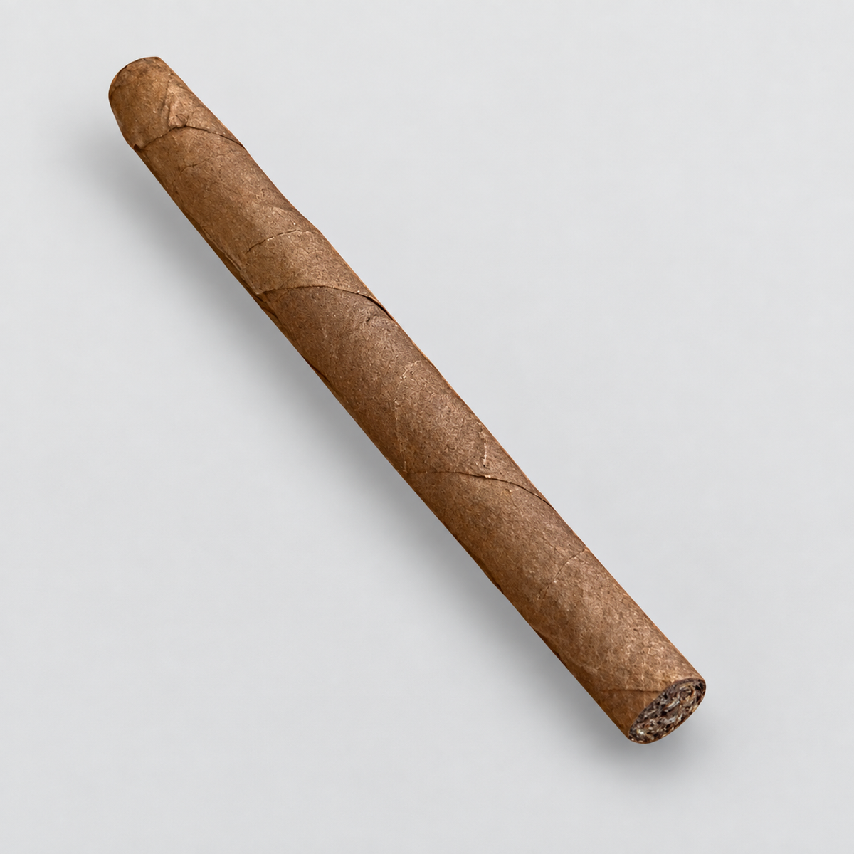 A single brown cigar with a textured leaf wrapper, positioned diagonally on a light gray background.