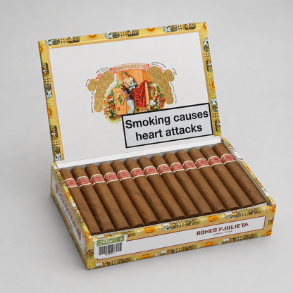 An open box of Romeo-Juliete cigars on a light gray background. The box is decorated with a yellow and gold pattern, featuring a prominent health warning label on the inside lid that reads 'Smoking causes heart attacks'.