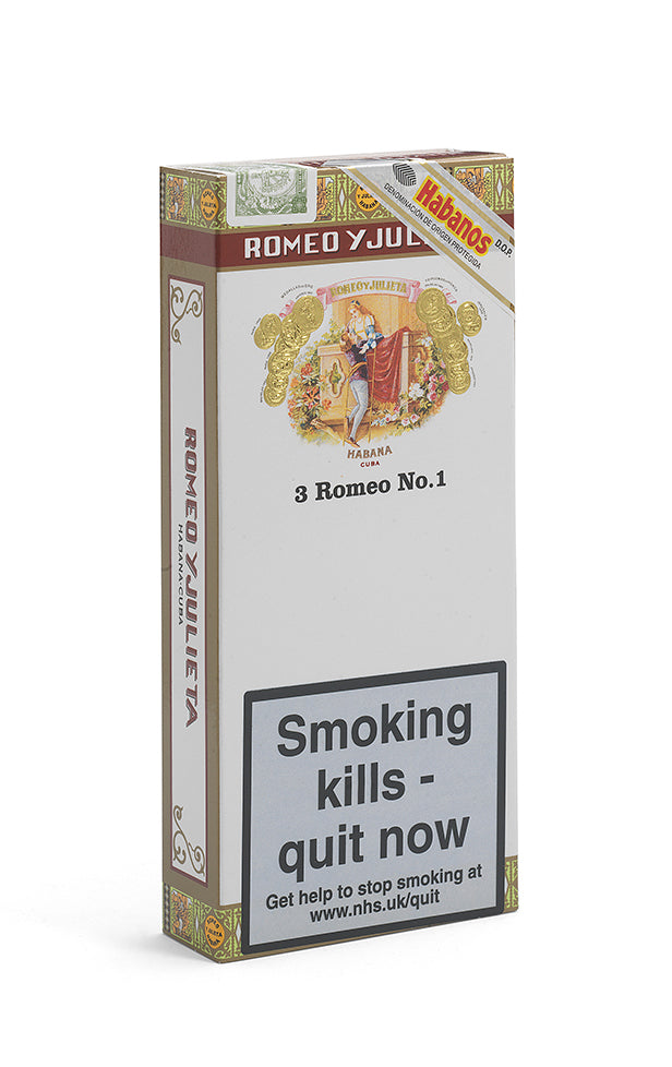 A pack of Romeo Y Julieta 3 Romeo No. 1 Habanero cigars, featuring the brand's classic gold and red illustration on a white box with a prominent 'Smoking kills - quit now' health warning label.