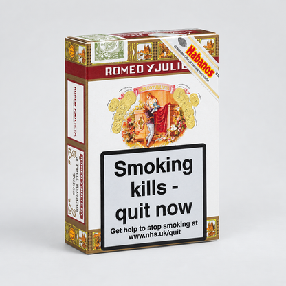 A pack of Habanero Romeo Julio 18 de Octubre cigarettes on a light gray background. The packaging features a white front panel with a prominent black warning label that reads 'Smoking kills - quit now', a red top band with gold lettering, and an illustration of a woman in a red dress.