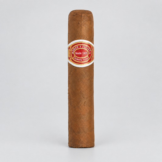 A single brown cigar standing upright on a light gray background, featuring a circular red and white band with the text 'Migado y Humedal Desde 1873'.