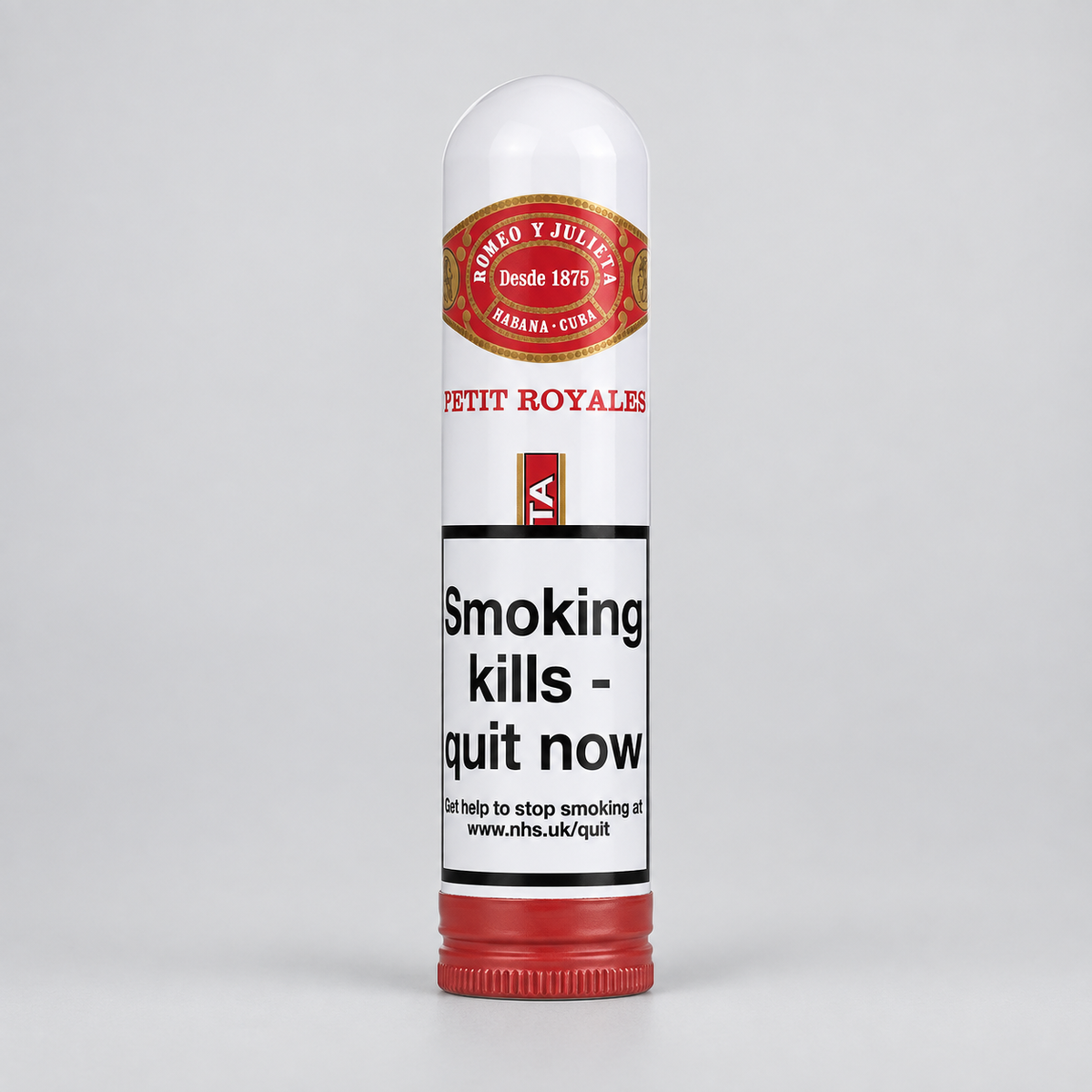 A single cylindrical canister of Petit Royales smoking cessation product on a light gray studio background. The canister is white with a red cap and a red-and-gold label at the top, plus a large black warning panel reading 'Smoking kills - quit now'.