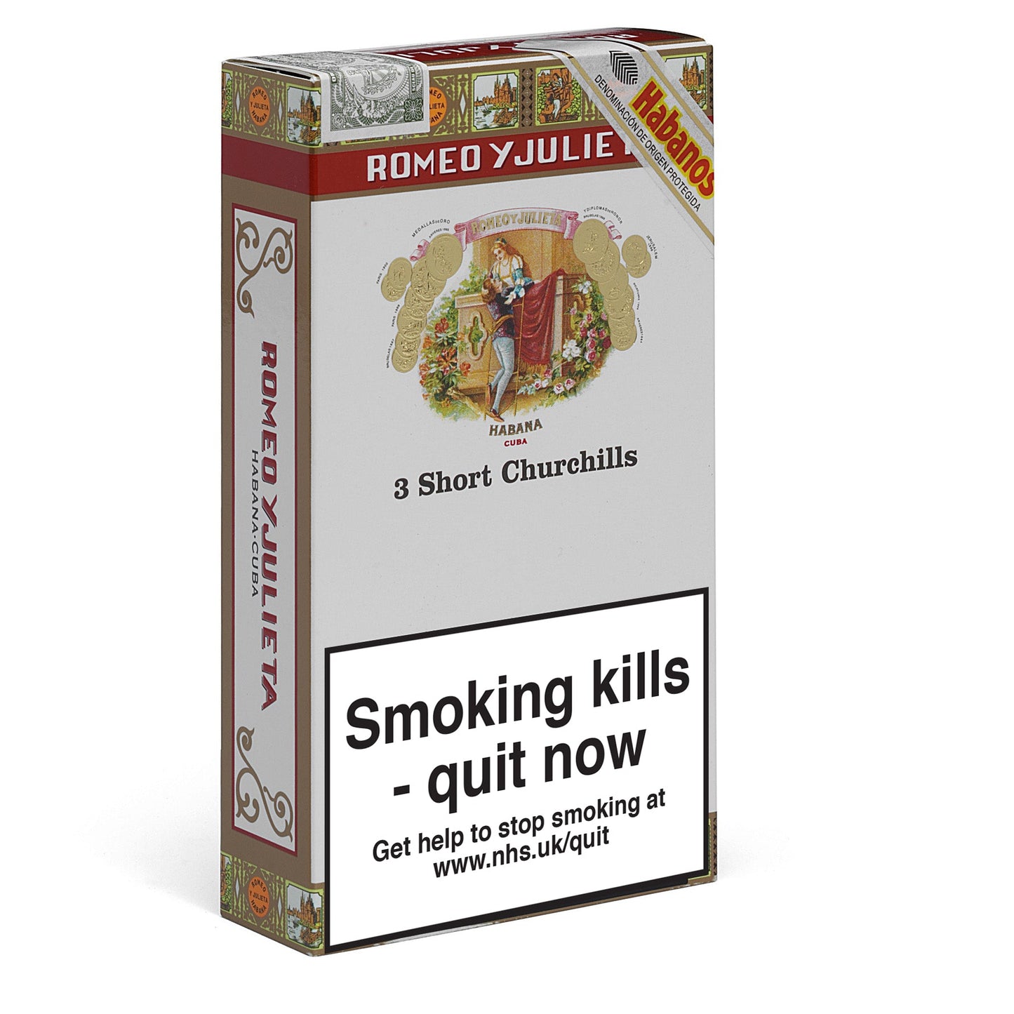 Pack of Romeo y Julieta cigars with branding and warning label on a white background