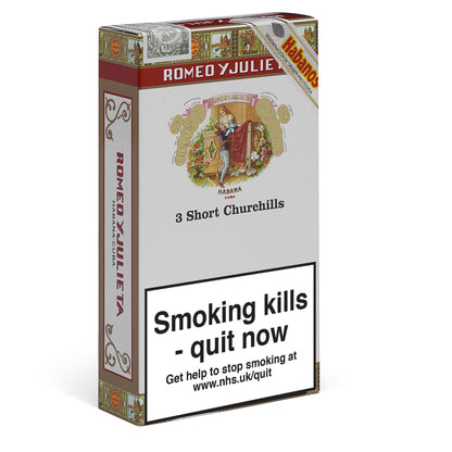 Pack of Romeo y Julieta cigars with branding and warning label on a white background