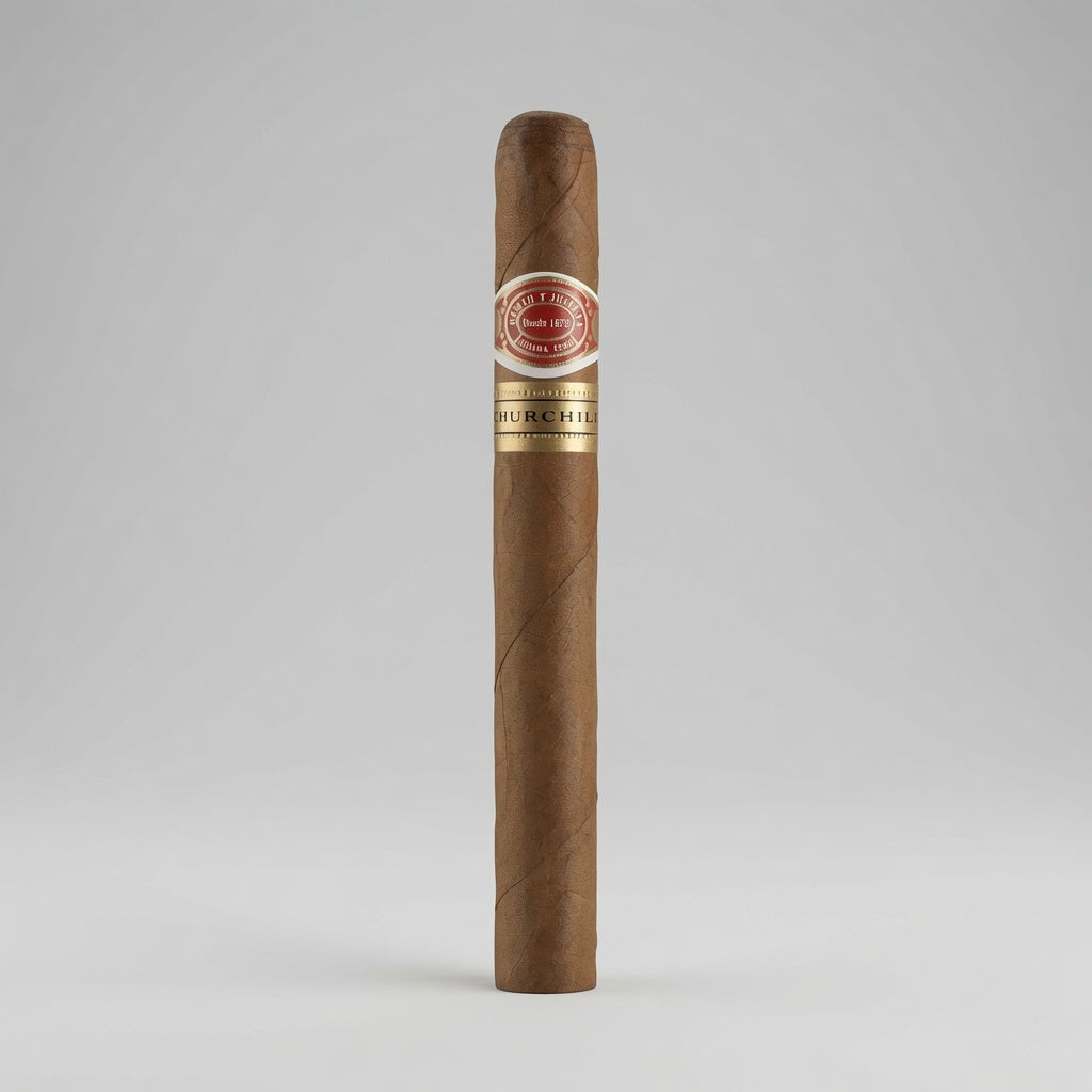 A single brown cigar standing upright against a light gray studio background. The cigar has a red and gold band label near the top that reads 'Cigarro Mayor' and 'Pabelló de Hierro'.