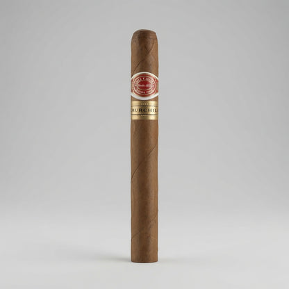 A single brown cigar standing upright against a light gray studio background. The cigar has a red and gold band label near the top that reads 'Cigarro Mayor' and 'Pabelló de Hierro'.