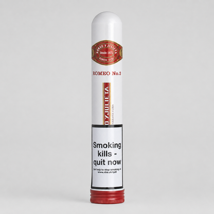 A single cylindrical smoking cessation device standing upright on a light gray background. The device is primarily white with a red cap and a red-and-gold label near the top.