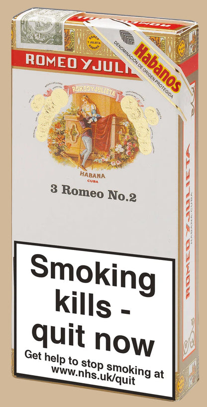 Pack of Romeo Y Julieta Habanos cigars with warning label on a white background
