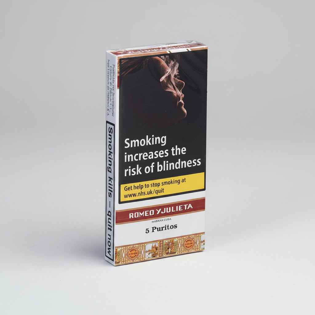 A 5-pack box of Romeo y Julieta Persimona Cura 5 Puritos cigarillos, featuring a prominent smoking warning label on the front with an image of a person smoking and text about blindness.