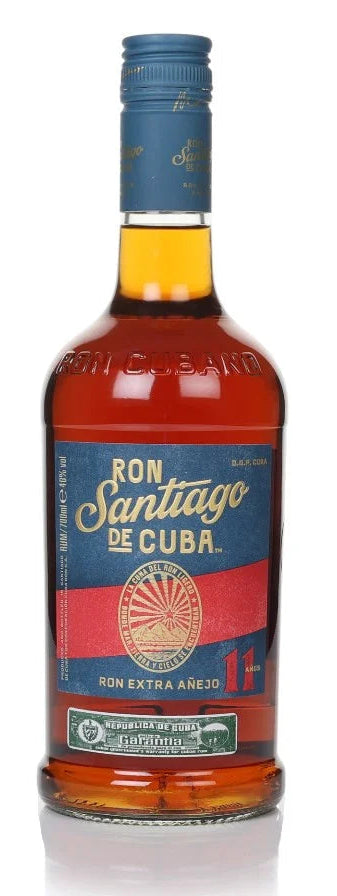 Bottle of Ron Santiago de Cuba rum on a white background