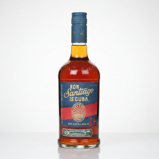 Bottle of Ron Santiago de Cuba rum on a white background