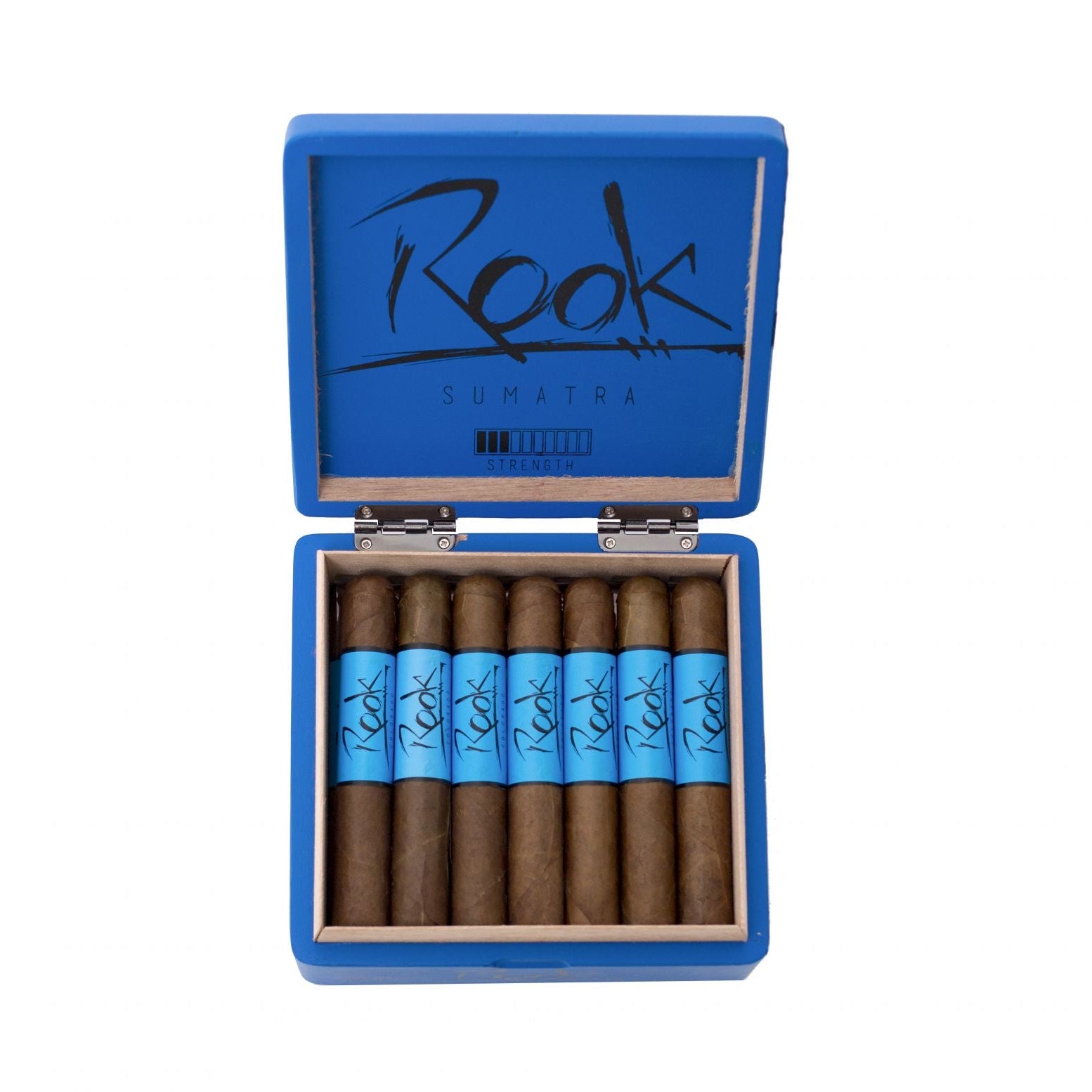 Blue Rook cigar box with cigars inside on a white background