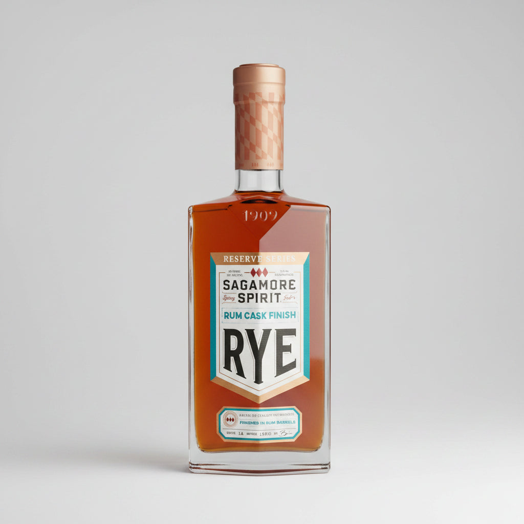 Bottle of Sagamore Spirit Rye with a rum cask finish on a white background