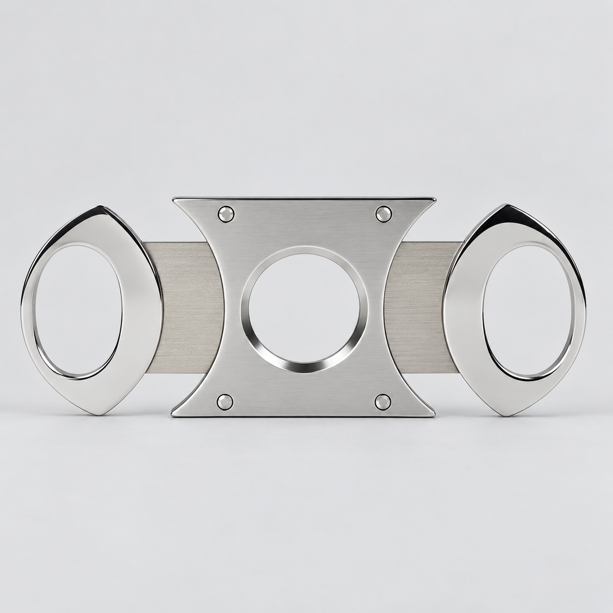 A stainless steel cigar cutter with three circular cut sections, shown on a light gray background.
