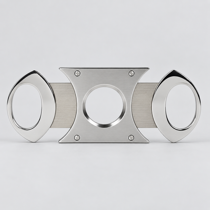 A stainless steel cigar cutter with three circular cut sections, shown on a light gray background.