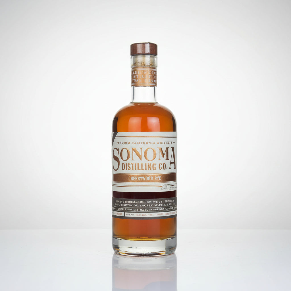 A bottle of Sonoma Distilling Co. Cherrywood Rye whiskey, showing the amber liquid inside a clear glass bottle with a cream and brown label, set against a plain white background with a soft reflection below.