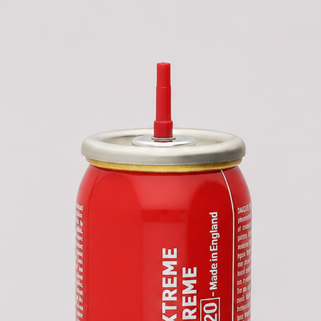A red can of St. Dunin flameless gas torch lighters with its matching red cap placed beside it on a light gray background.