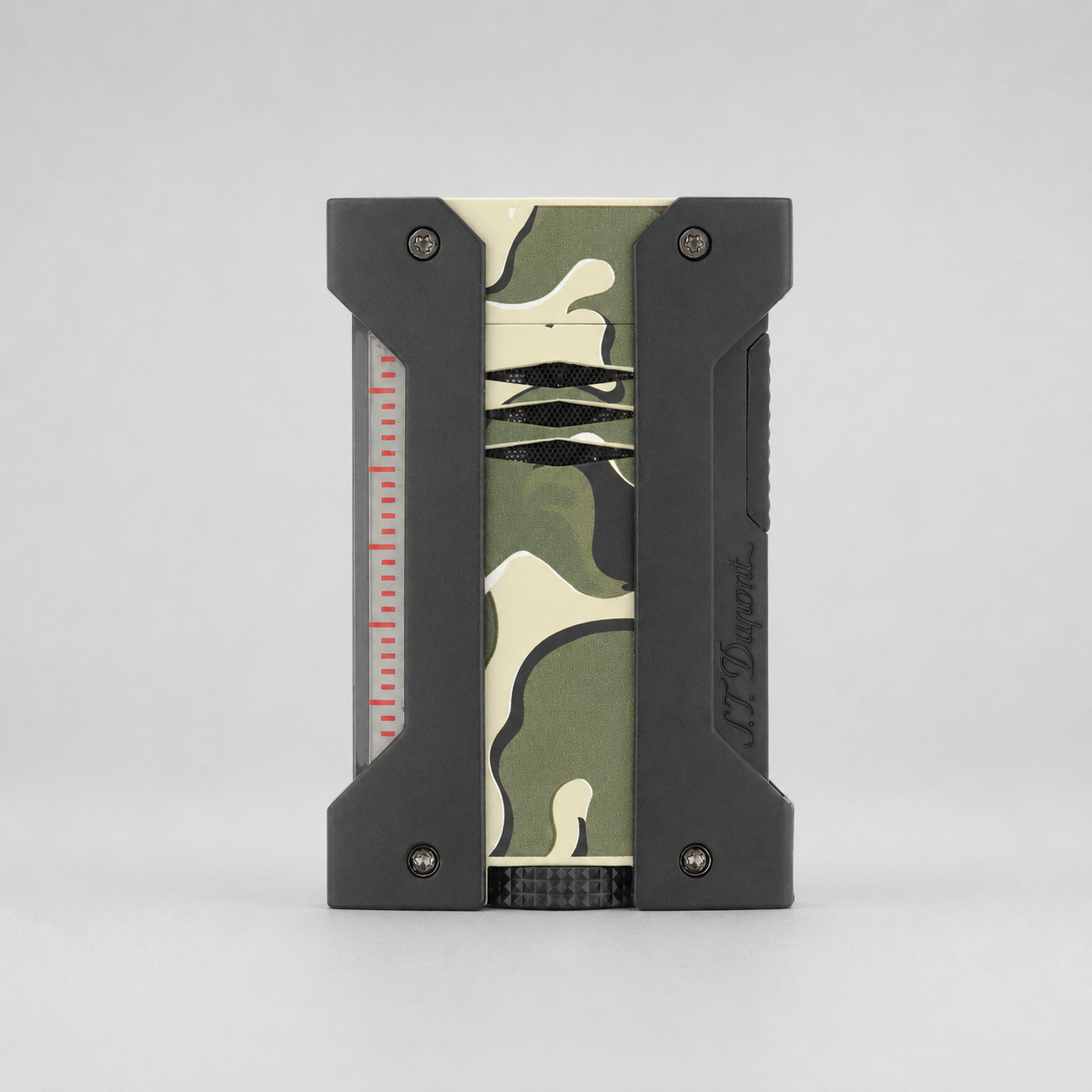 A pocket money clip with a green and beige camouflage pattern in the center, flanked by black textured side panels with screw holes, and a clear window showing red dollar bills inside. The brand 'JT Diamonds' is embossed on the side.