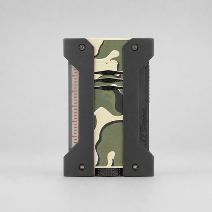 A pocket money clip with a green and beige camouflage pattern in the center, flanked by black textured side panels with screw holes, and a clear window showing red dollar bills inside. The brand 'JT Diamonds' is embossed on the side.