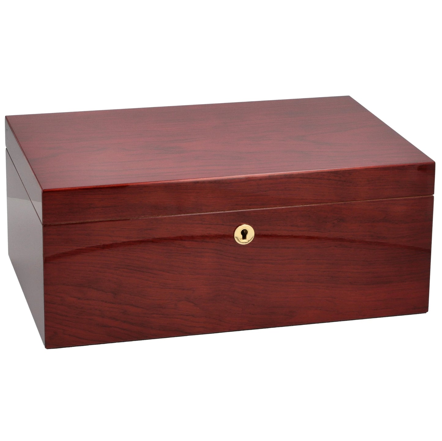 Wooden humidor  box with a gold lock on a white background