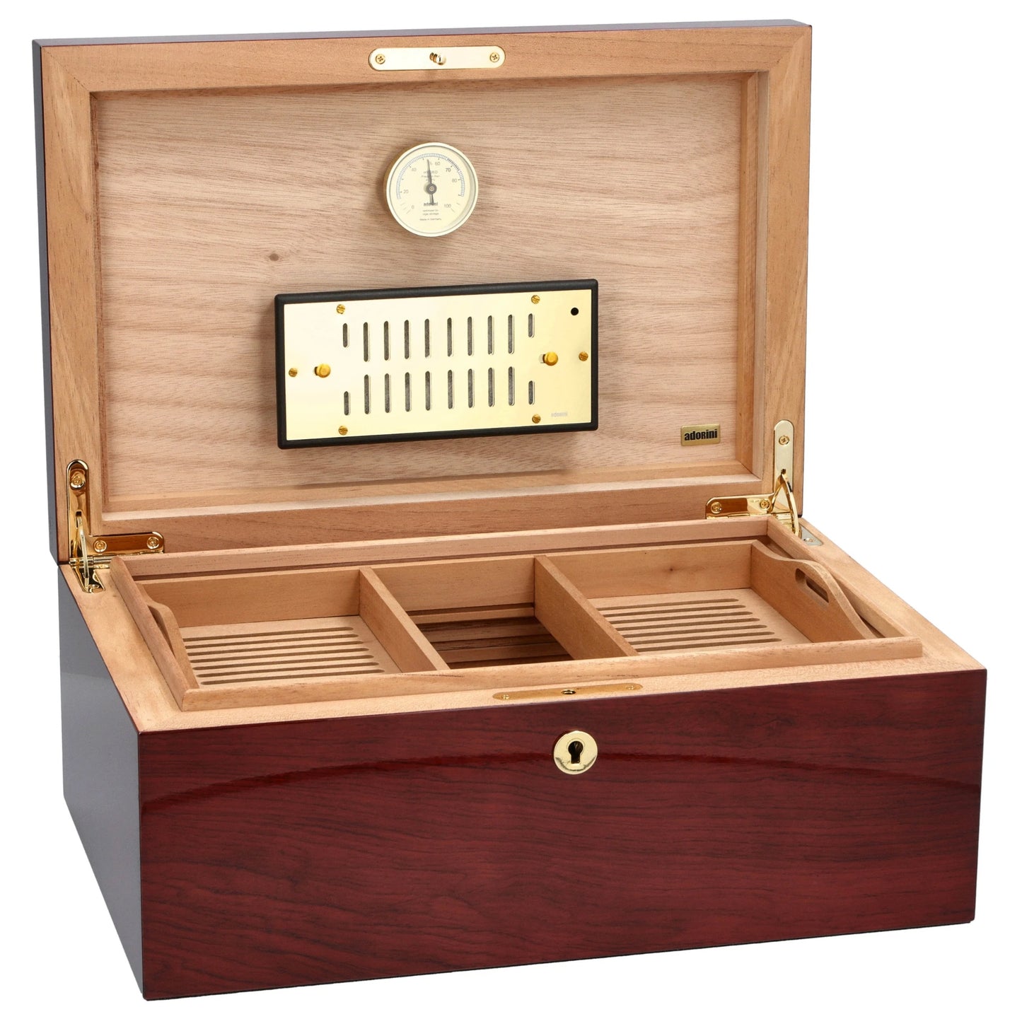 Wooden humidor with interior compartments and a hygrometer on a white background