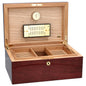 Wooden humidor with interior compartments and a hygrometer on a white background