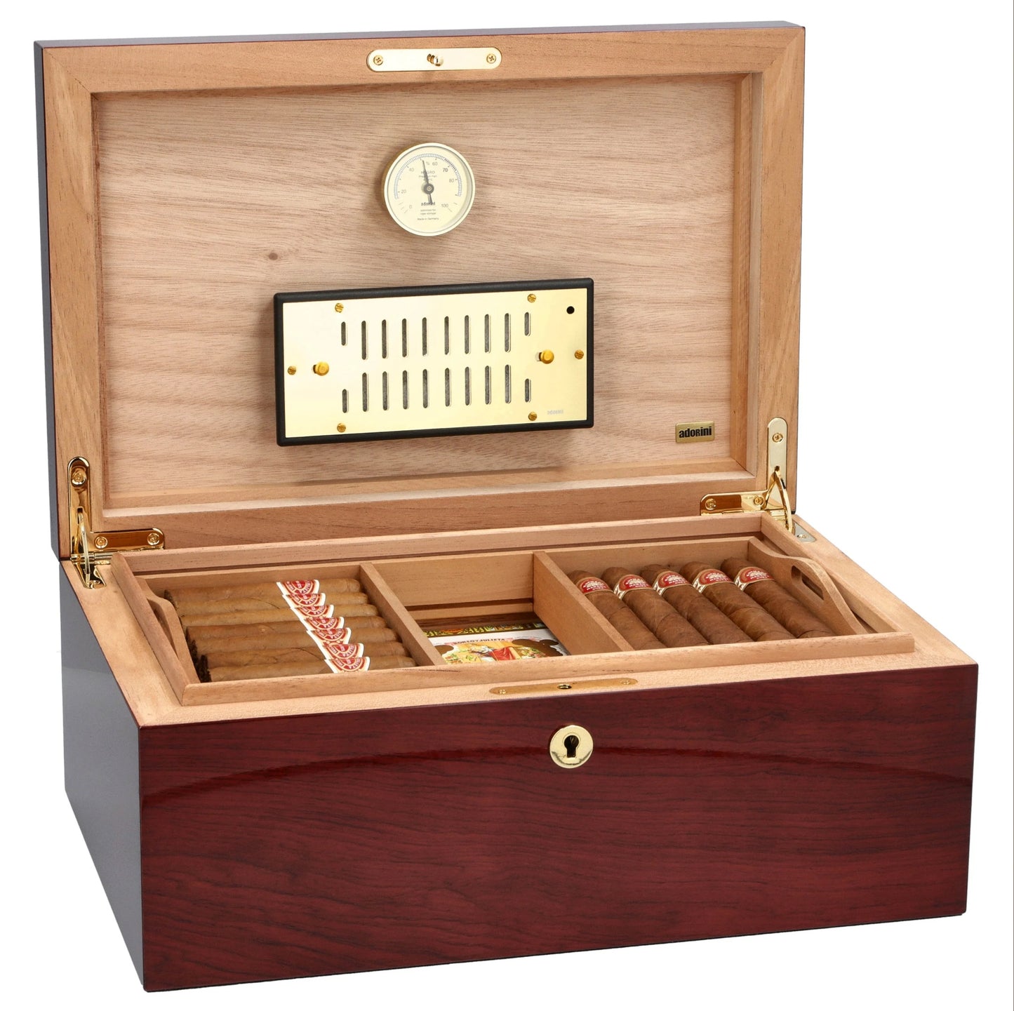Wooden humidor with interior compartments and a hygrometer on a white background